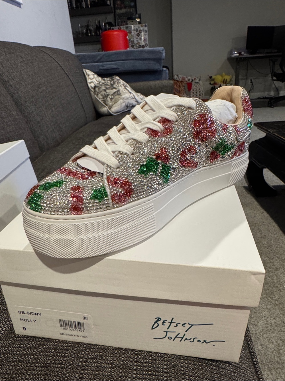 Betsey Johnson White Crystal Platform Sneaker Christmas Holly